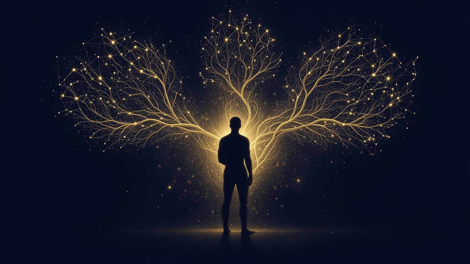 A solitary human silhouette poised before three luminous neural pathways representing Mind, Body and Spirit